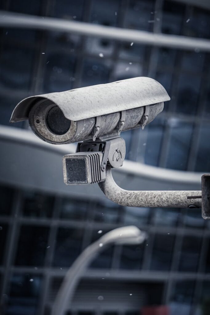 A CCTV camera covered in snow monitors an area in Baku, Azerbaijan.